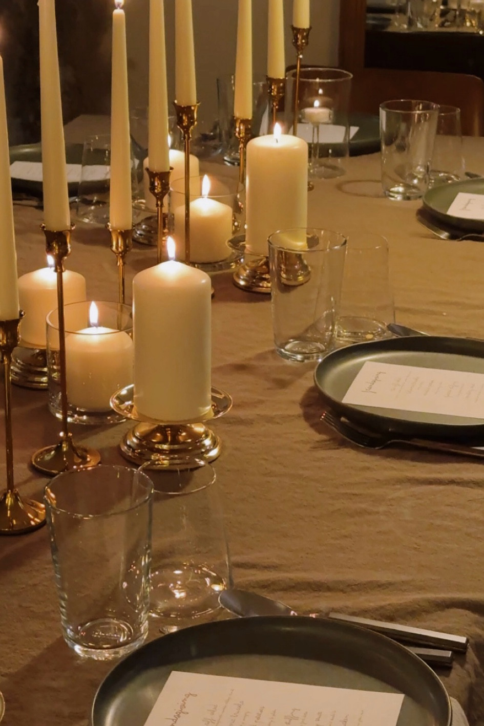 Stemless wine glasses & candles for my Friendsgiving place setting 