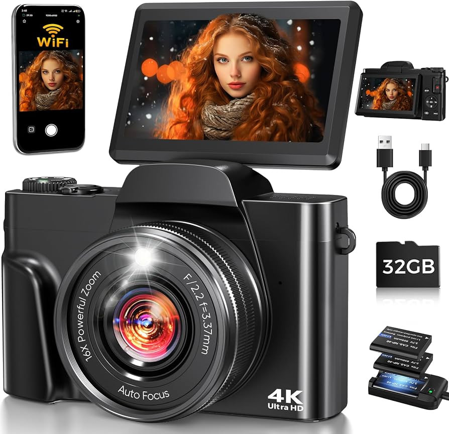 4K Digital Camera for Photography with WiFi,64MP Autofocus 3'' 180° Flip Screen 16X Zoom Vloggin... | Amazon (US)