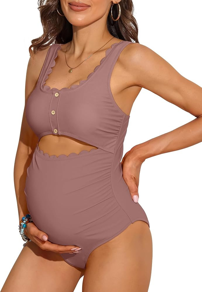 Charmo Maternity One Piece Swimsuit Scalloped Cut Out Ruched High Waisted Scoop Neck Pregnancy Ba... | Amazon (US)