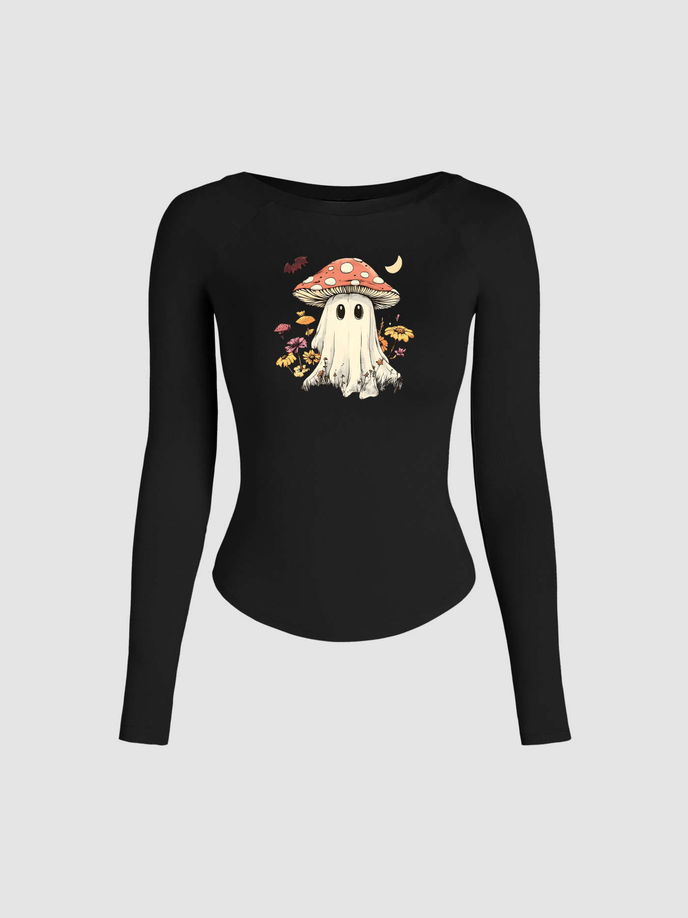 Knit Fabric Boat Neck Ghost Mushroom Graphic Long Sleeve Top For School Daily Casual | Cider