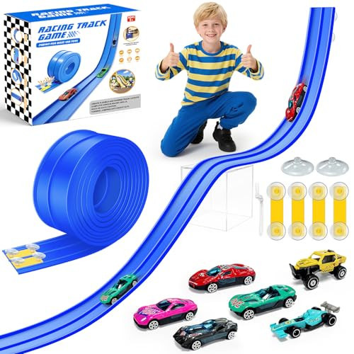 EFCRBS 15Ft Flex Track, Flexible Race Car Track for Kids Toy with 10 Suction Cups, Rolls Up Portable Racetrack Compatible with Hot Wheels & Diecast 1/64th Cars, Christmas Birthday Gifts (Blue) | Amazon (US)