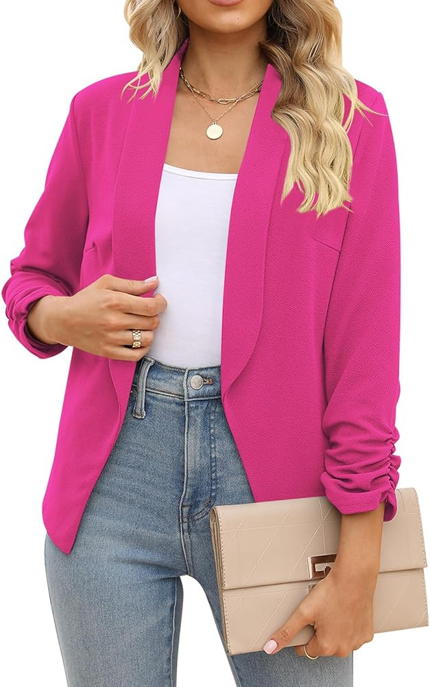 POGTMM Women 3/4 Sleeve Blazer Open Front Cardigan Jacket Work Office Blazer | Amazon (US)