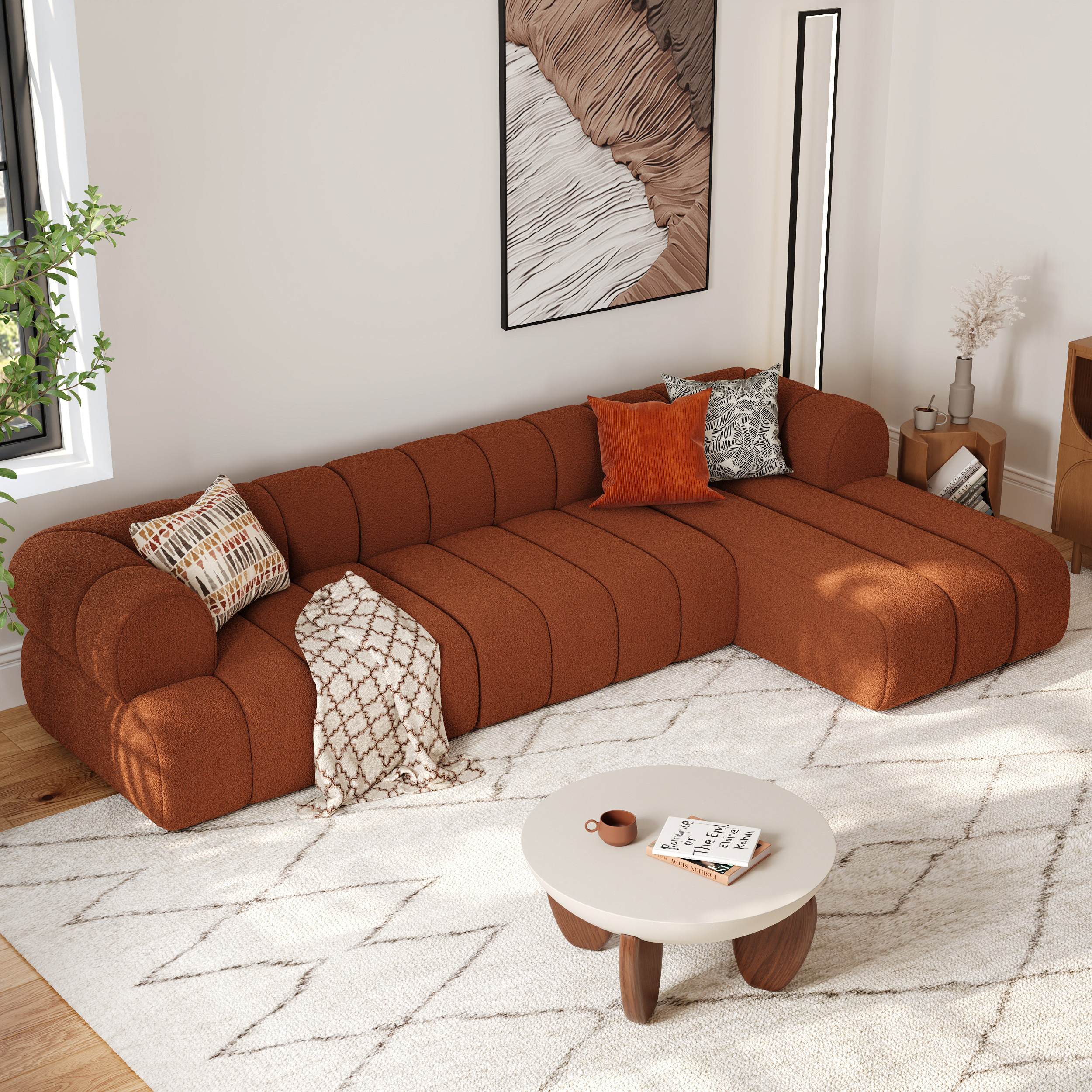 Curva Round Small Modern Beige & Walnut Coffee Table Concrete & Wood Accent Table 118" Channeled 3-Piece Boucle Sectional L-Shaped Sofa with Chaise | Homary