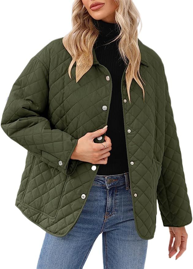 Women's Lapel Lightweight Quilted Jacket Concealed Buckle Long Sleeve Warm Oversized Coat with Tw... | Amazon (US)