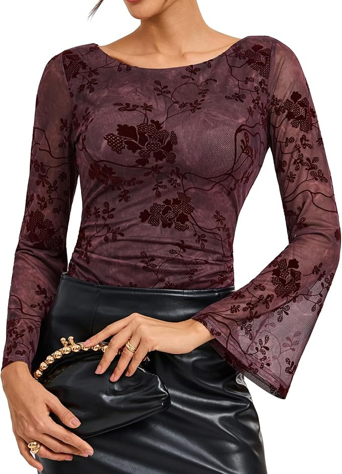 Kate Kasin Womens Mesh Long Sleeve Shirts, Boat Neck Going Out Tops | Y2k, Bell Sleeve, Floral, S... | Amazon (US)