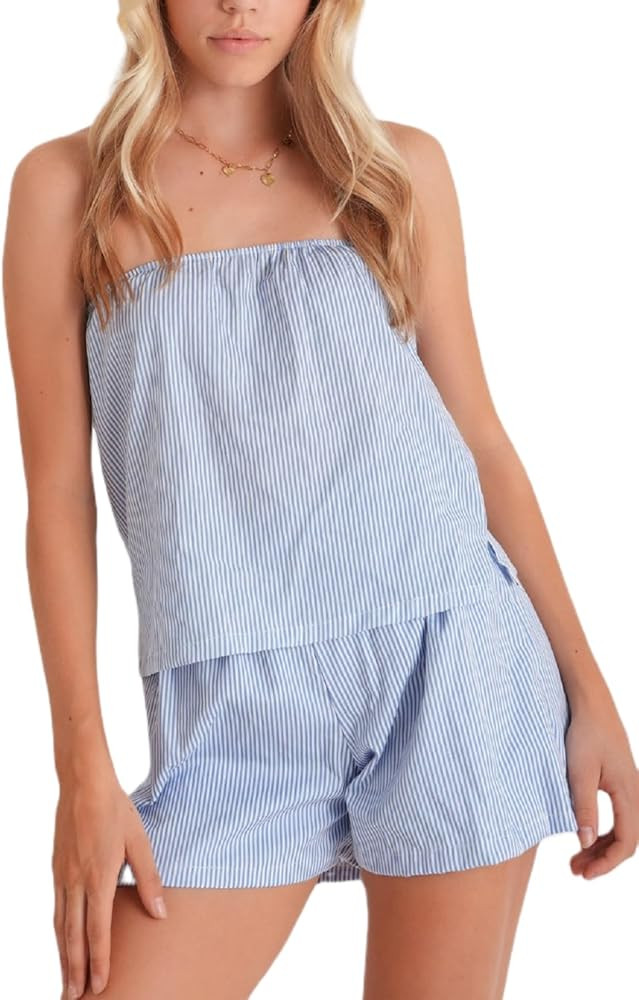 Women 2 Piece Striped Lounge Set Y2k Strapless Frill Peplum Tube Top Elastic Waist Shorts Pajama ... | Amazon (US)