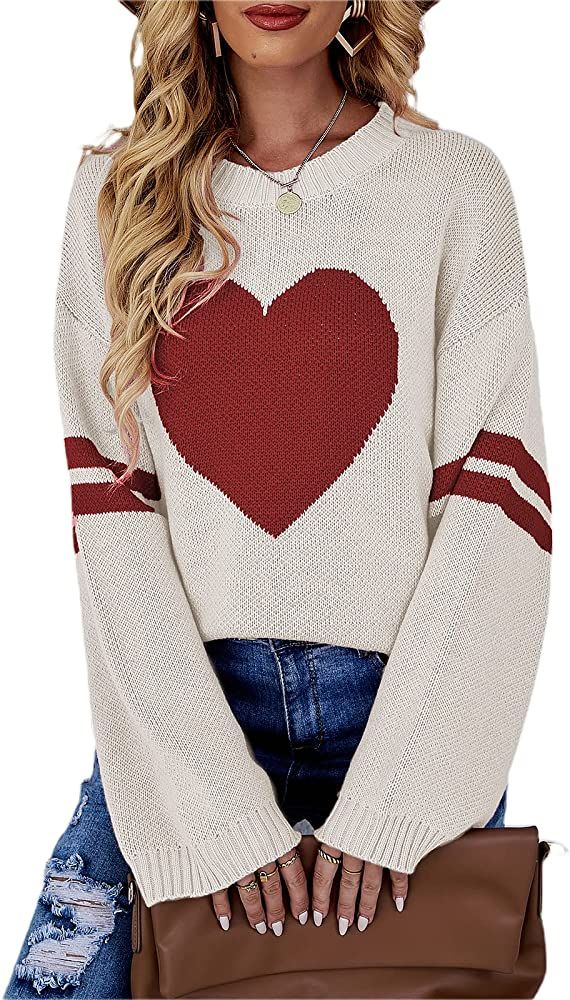 Mxiqqpltky Heart Print Sweater for Women Long Sleeve Crewneck Valentine's Day Knitted Pullover Lo... | Amazon (US)