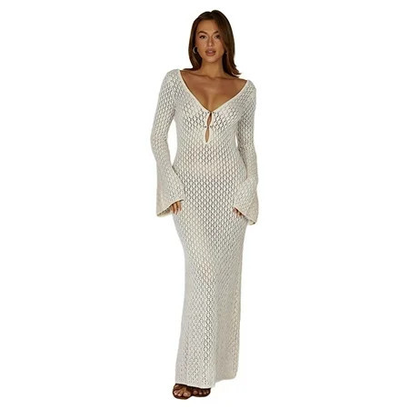 AOOOWER Crochet Bikinis Coverup for Women Long Sleeve Bathing Suit Dress Long Beach Dress Hollow Out Swimwear Coverup Dress | Walmart (US)