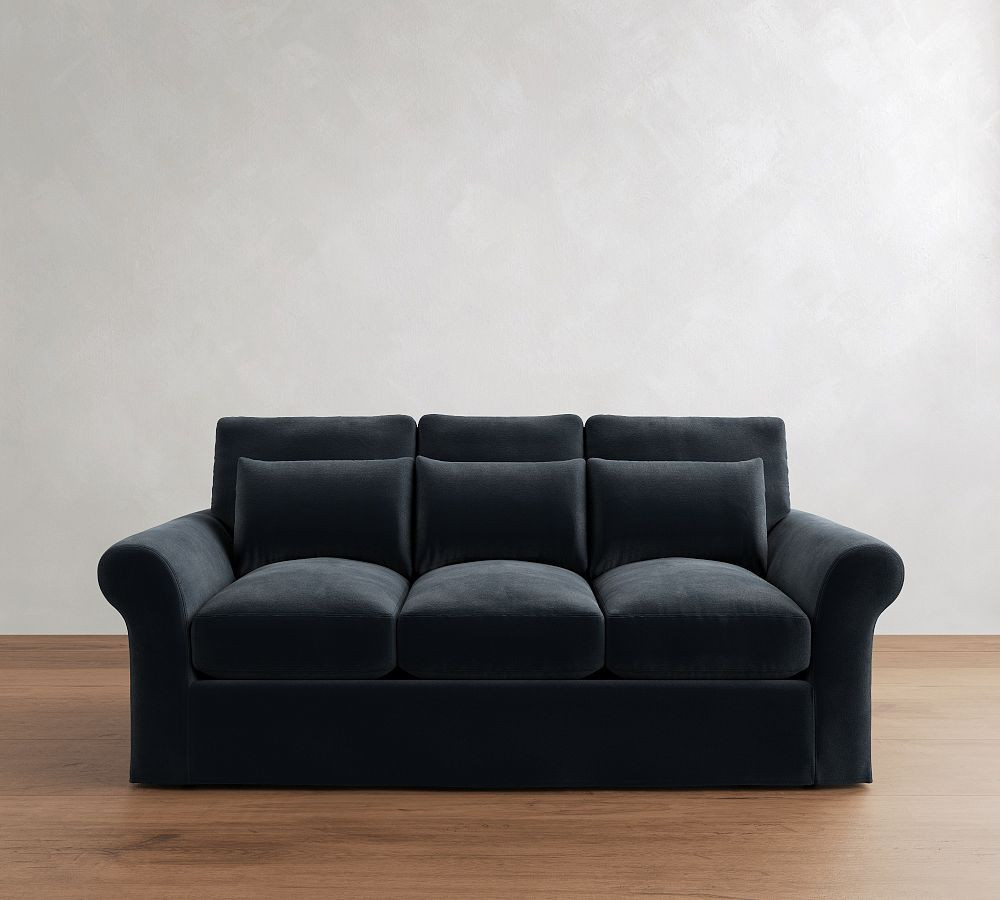 PB Comfort Modern Roll Arm Slipcovered Deep Seat Sofa 82" 3x3, Down Blend Wrapped Cushions, Faux Mohair Velvet Midnight | Pottery Barn (US)