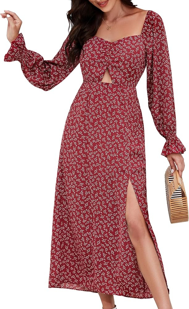 Womens Summer Floral Midi Dress 2024 Casual Boho Dresses Short Sleeve A-line Square Neck Tie Fron... | Amazon (US)