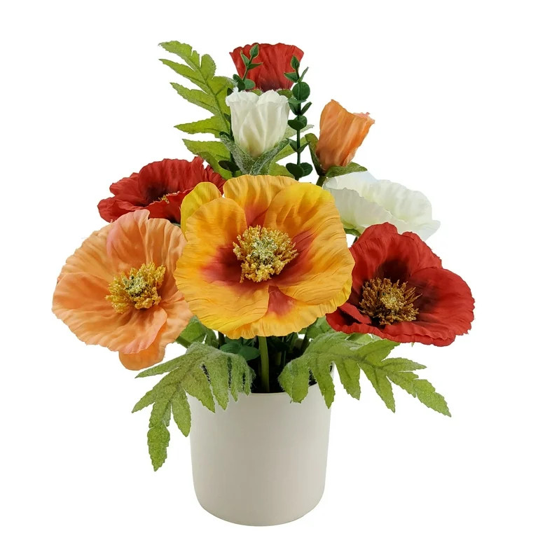 Mainstays Indoor 14.5 Inch Artificial Polyester Poppy In White Plastics Pot, Orange Color, 1 Piec... | Walmart (US)