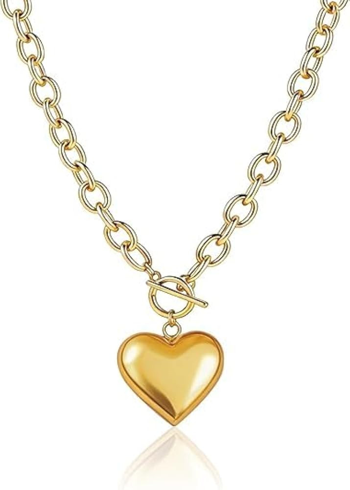 Gold Heart Necklace for Women, 14K Gold Plated Chunky Paperclip Link Chain Choker, Cute Puffy Hea... | Amazon (US)
