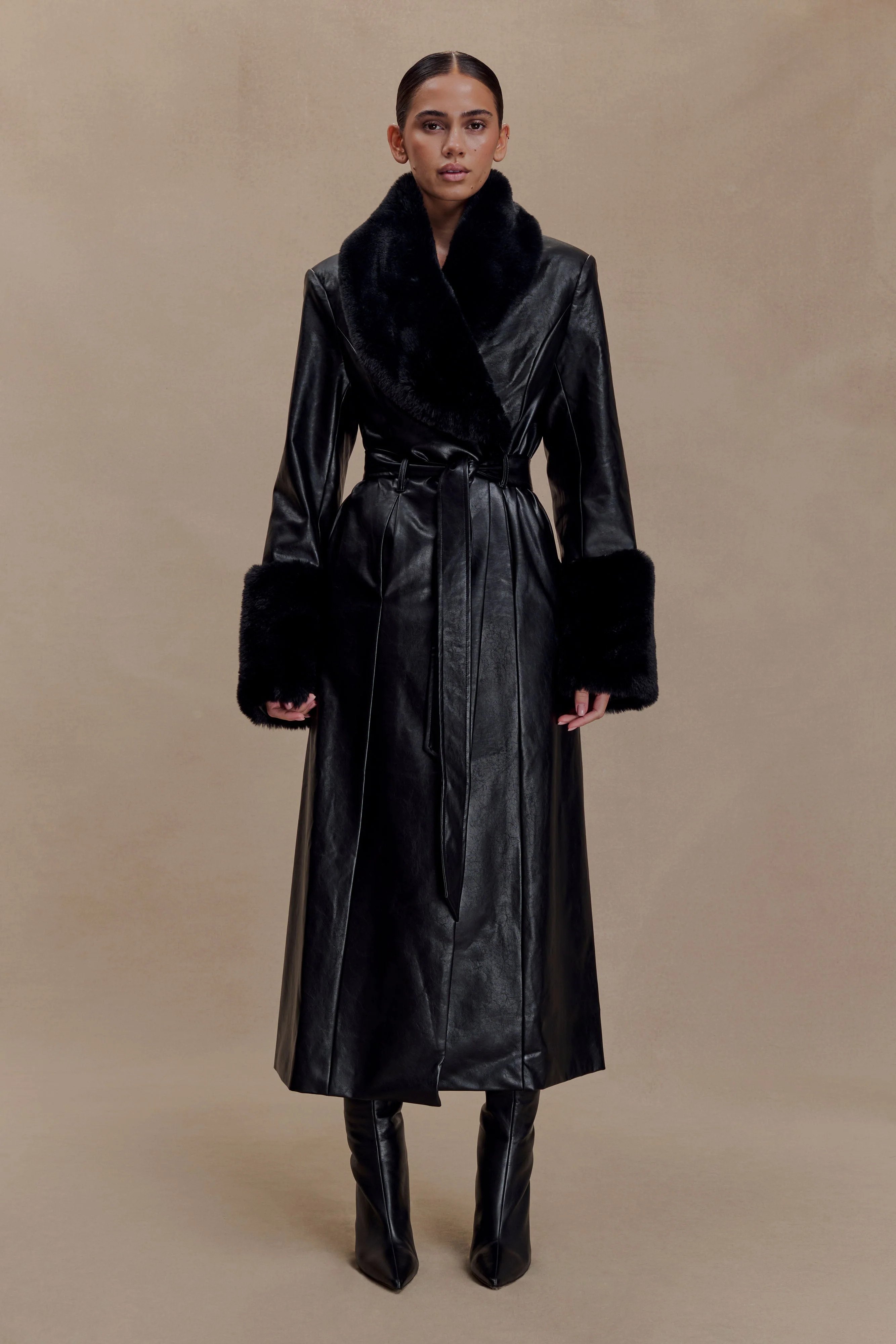 Bec Faux Leather Trench Coat With Faux Fur - Black | MESHKI US