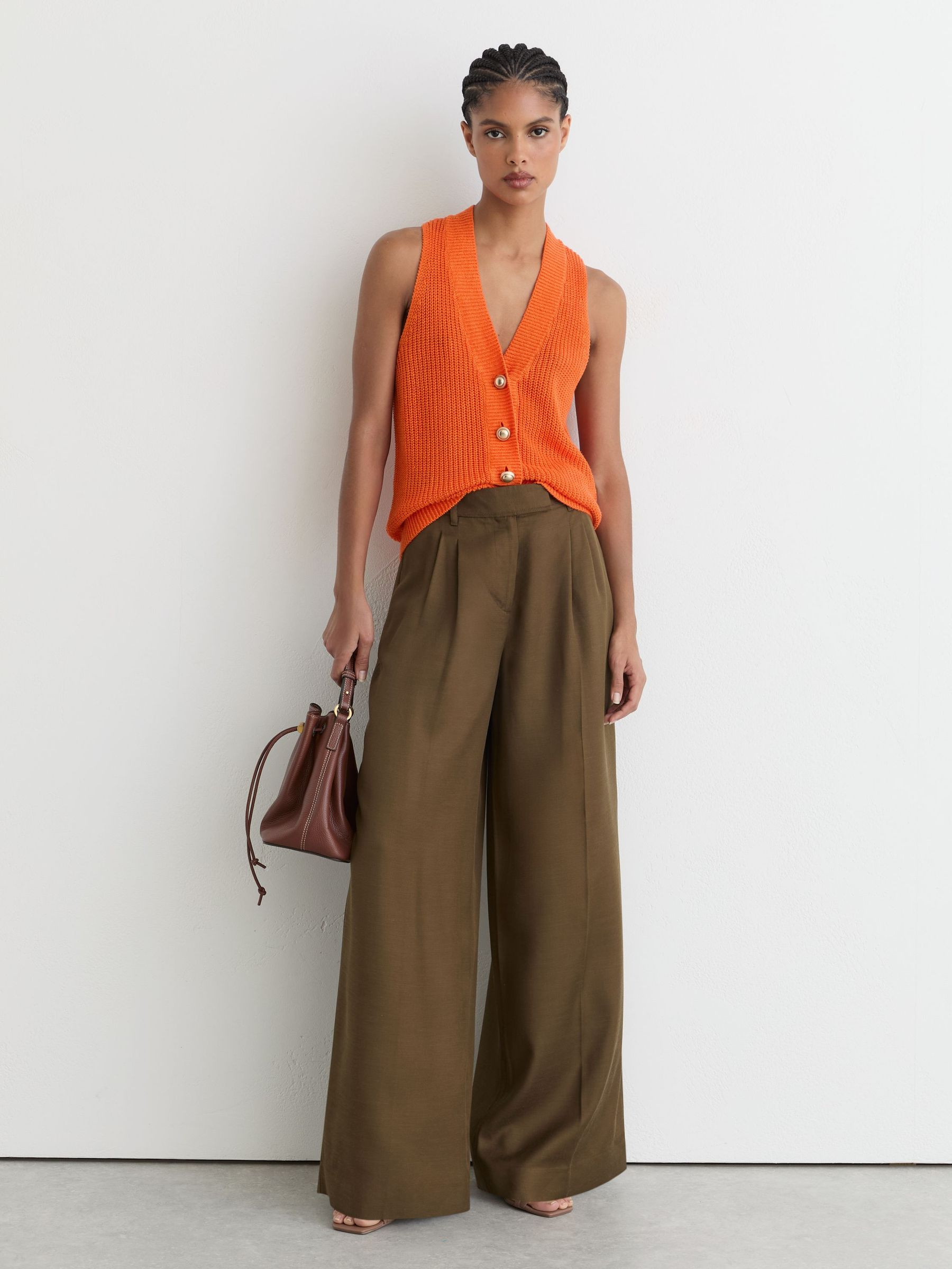 Reiss Linen Button-Through Knitted Waistcoat in Orange | REISS | Reiss US