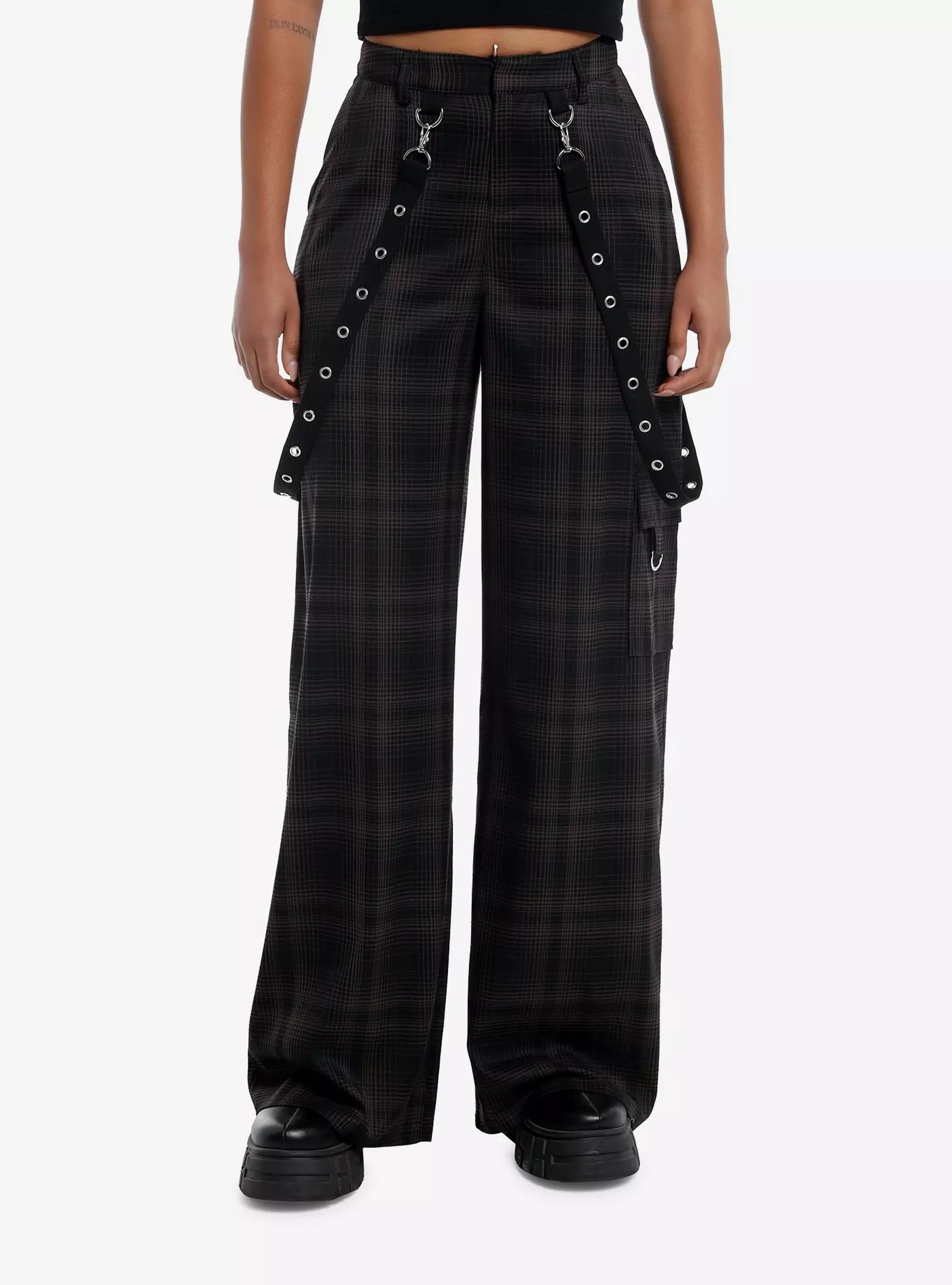 Black & Brown Plaid Grommet Suspender Wide Leg Pants | Hot Topic