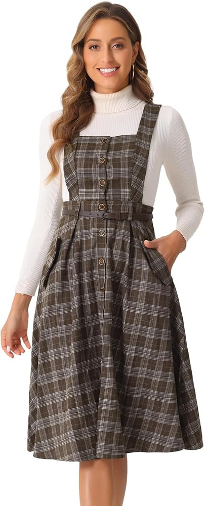 Allegra K Plaid Overall Dress for Women's Vintage Sleeveless A-Line Pinafore Dress | Amazon (US)