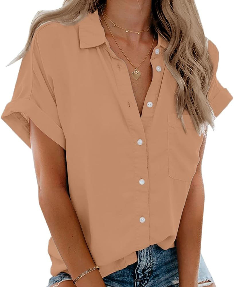 Beautife Womens Short Sleeve Shirts V Neck Collared Button Down Shirt Tops with Pockets | Amazon (US)
