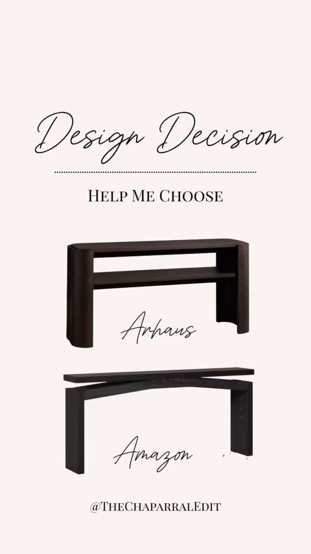 Help me choose 🤍

Trying to decide on a console for our dining room and I keep going back and forth between these two.

The Arhaus chiseled console is definitely the splurge! My husband loves the texture and detail, and it feels like one of those pieces that adds a lot of character.

But at ~$3,400 (even with 30% off), it’s a commitment… especially since we’ve already splurged on the dining table and chairs.

The Amazon version is around $300 (actually the price dropped to $230!) and I actually love the cleaner lines. Plus the black could tie in really well with the chair details.

So now I’m stuck between:
- something more unique and textured
- something more simple and versatile

What would you do?
ARHAUS
AMAZON

#thechaparraledit #homefinds #interiordesign #furniturefinds #homeedit #homestyle #arhaus #amazonhomefinds #helpmechoose #thisorthat

#LTKHome #LTKSaleAlert