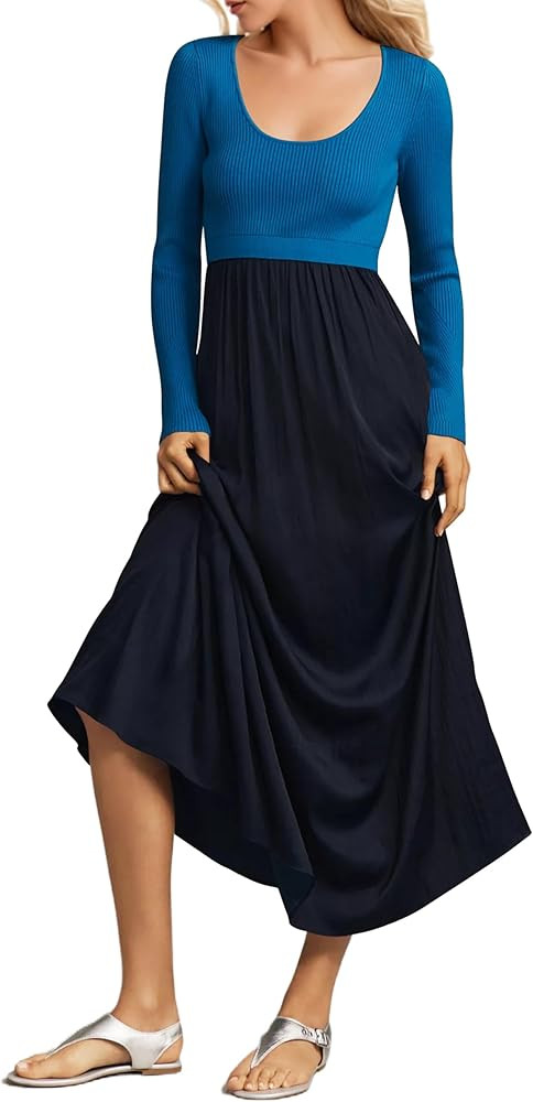 Women Scoop Neck Long Sleeve Patchwork Maxi Dress Ribbed Knit Contrast Slim Fit Flowy Fall Dresse... | Amazon (US)
