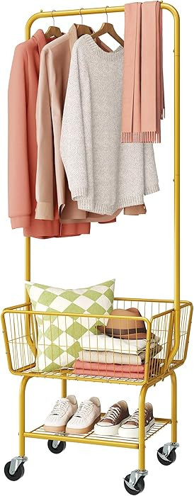 Tajsoon Laundry Cart with Wheels, Metal Rolling Laundry Hamper with Hanging Rack, Storage Basket ... | Amazon (US)