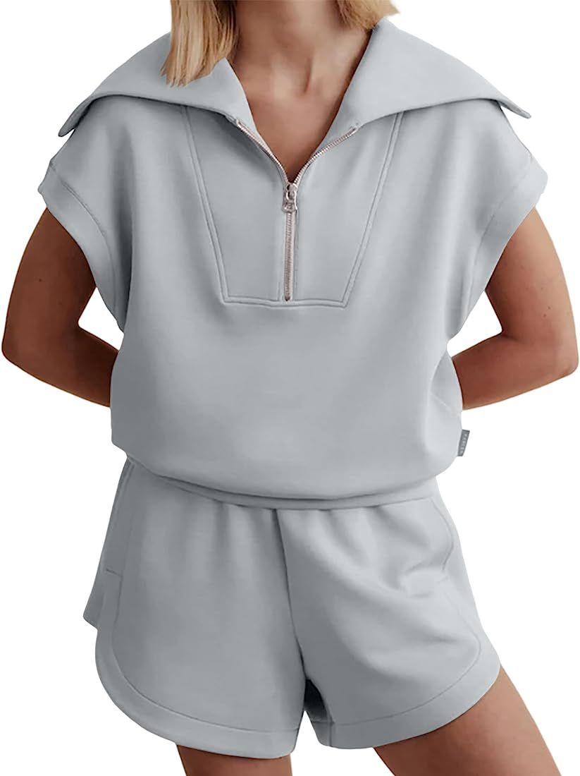 Meladyan Woman Two Piece Half Zip Sweatshirts Shorts Set Lapel Collar Cap Sleeve Sweatshirt High ... | Amazon (US)