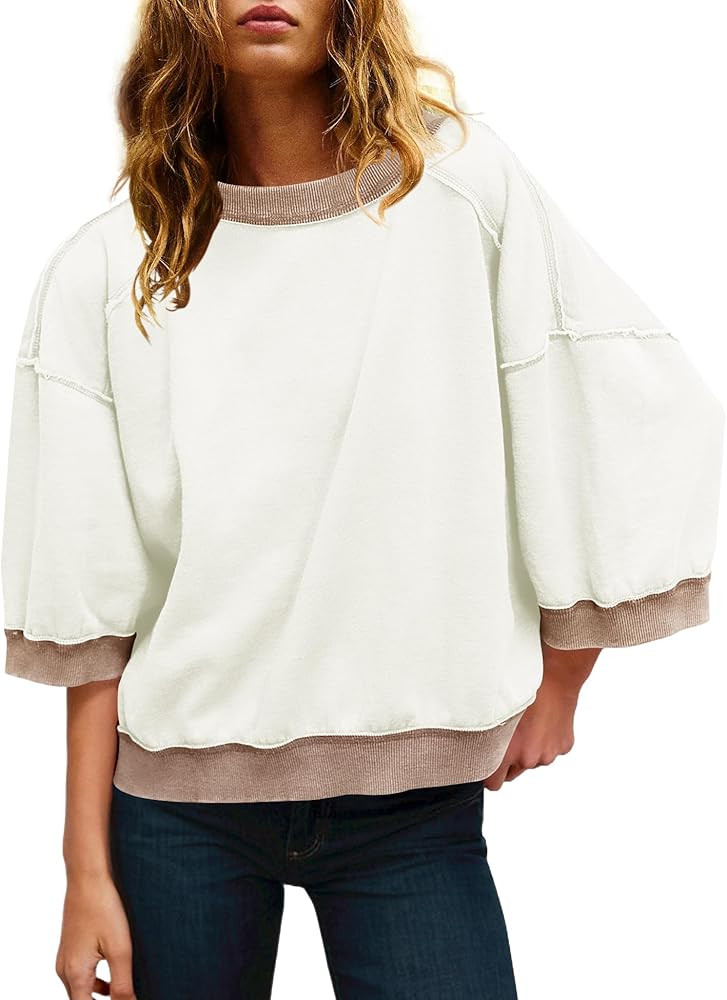 Panadila Womens Oversized Short Sleeve Sweatshirt Crewneck 3/4 Sleeve Tops Summer Cute Color Bloc... | Amazon (US)