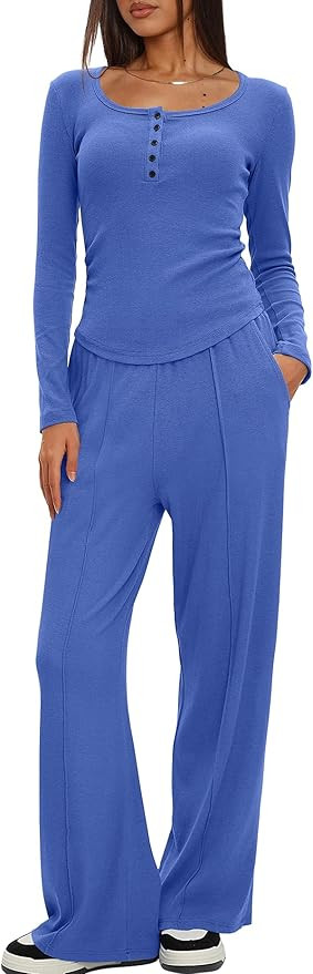 Darong Womens 2 Piece Matching Lounge Sets 2025 Fall Long Sleeve Henley Shirts Wide Leg Pants Air... | Amazon (US)