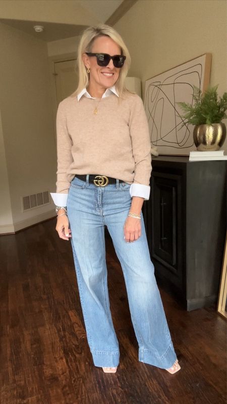 These wide leg jeans are PERFECT ..fitted up top, slowly widen and not too short. With the quality affordable cashmere in Carmel color with a a crisp white button down underneath 

Jcrew, quince, Amazon 

#LTKstyletip #LTKSeasonal #LTKover40