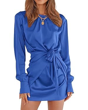 PRETTYGARDEN Women's 2023 Spring Satin Dress Long Sleeve Tie Waist Elegant Cocktail Party Mini Dr... | Amazon (US)