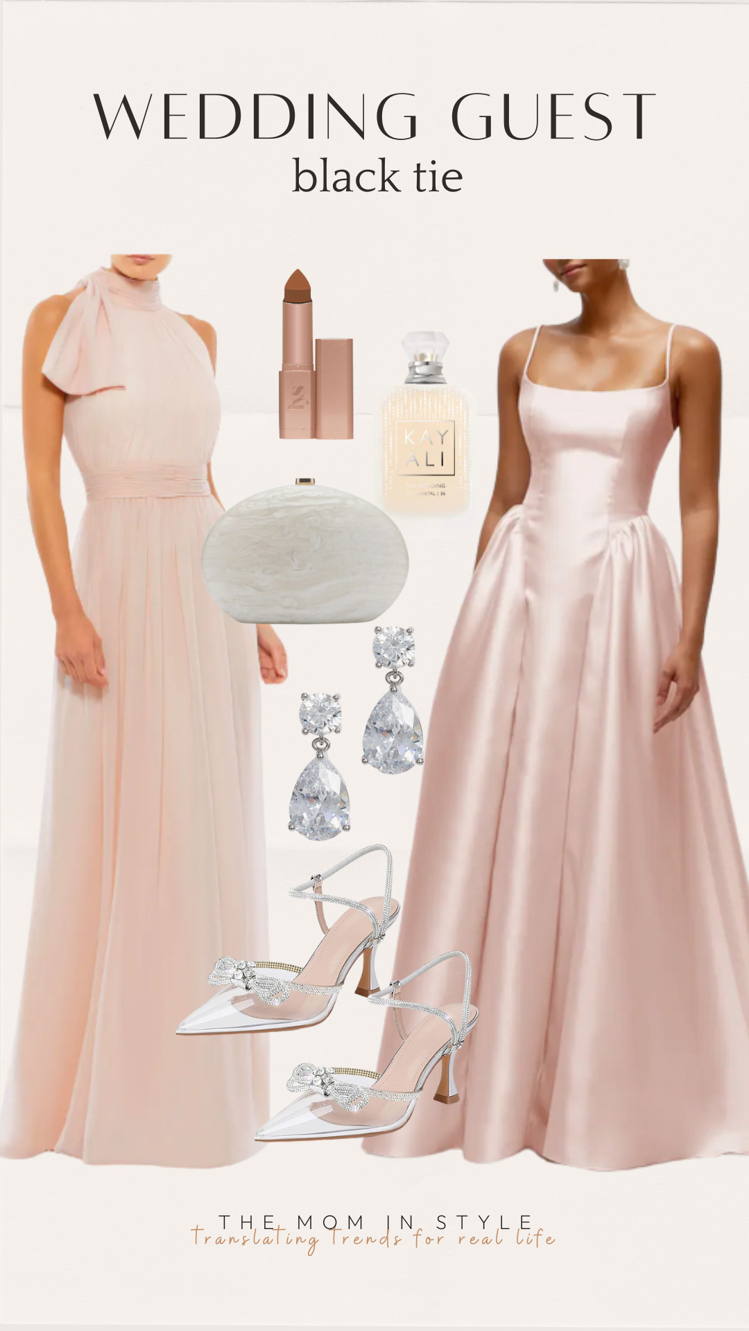 pink wedding guest dress, neutral wedding guest dress, black tie, elegant clutch, chic heels, classy dress, blush pink gown 

 

#LTKWedding