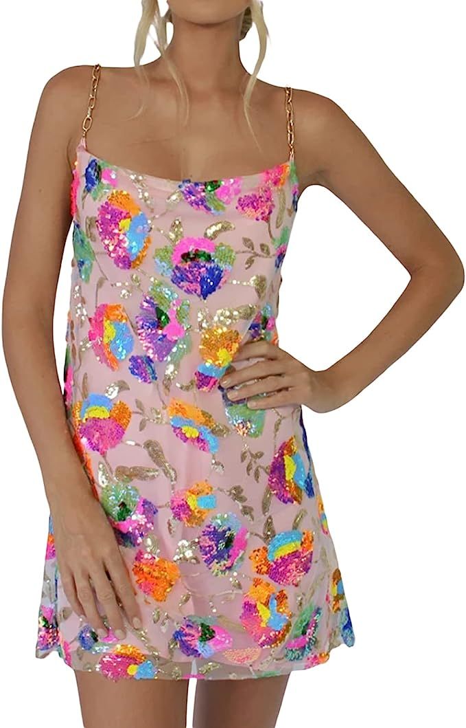 Sexy Women's Sparkly Floral Sequin Dress Summer Backless Low-Cut Shinny Mini Dress for Party Cock... | Amazon (US)