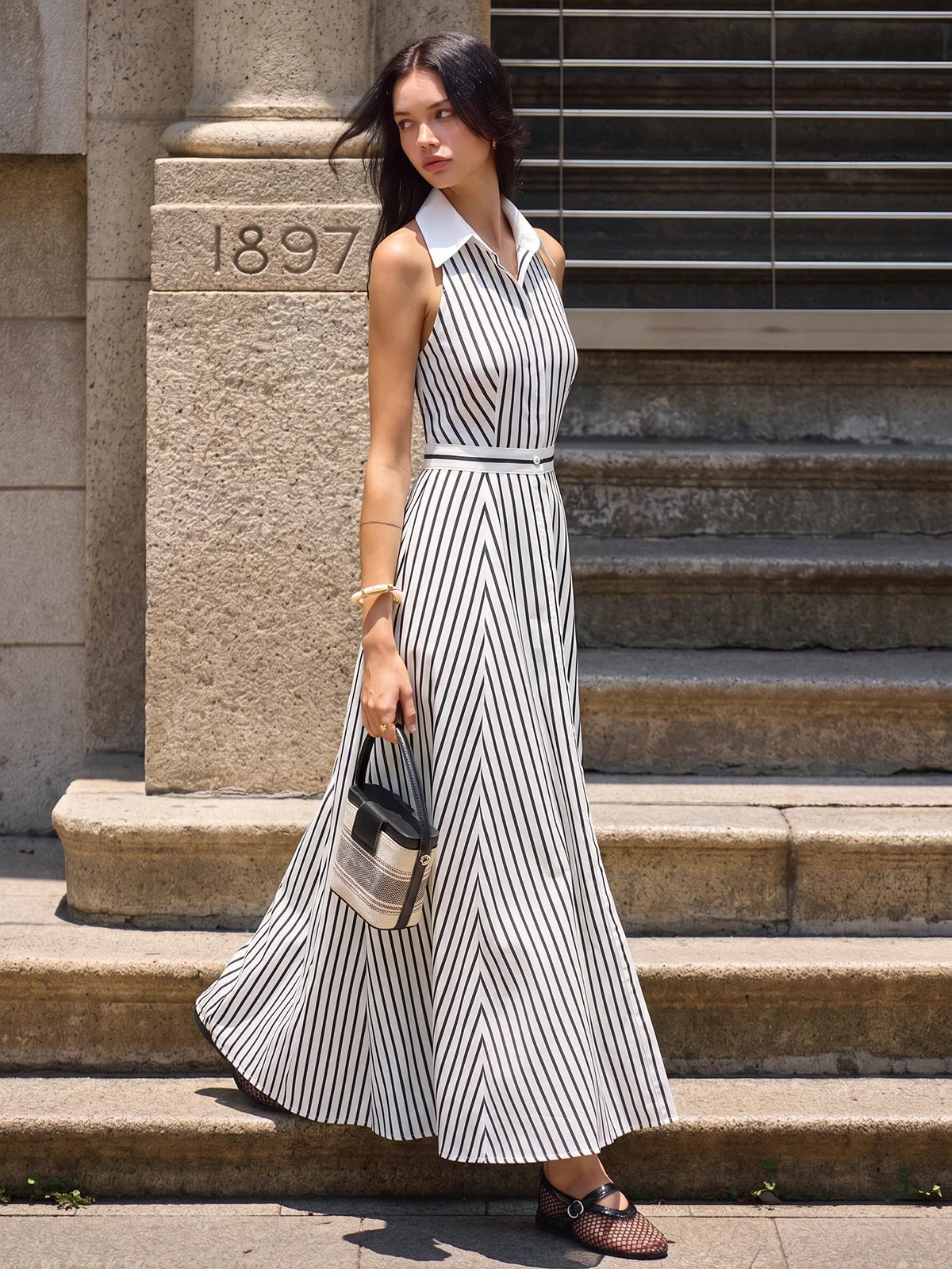 Striped Sleeveless Shirt Maxi Dress | Commense