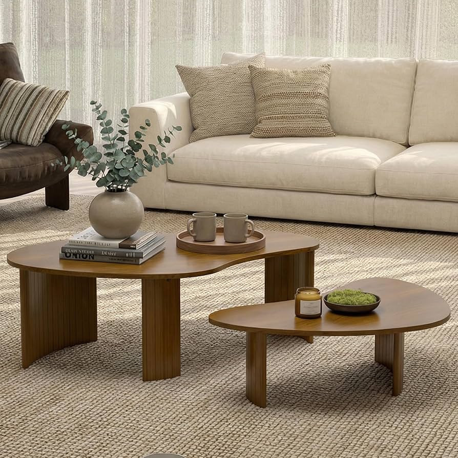 Mid Century Modern Coffee Table Set of 2, Nesting Coffee Tables with Wood Grain Veener, Fluted En... | Amazon (US)