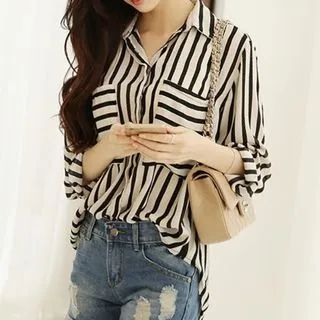 Long-Sleeve Striped Button-Up Loose Fit Chiffon Pocket Shirt | YesStyle Global
