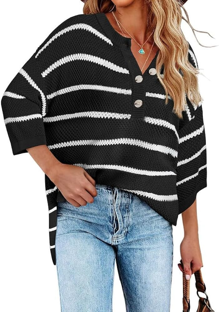 SHEWIN Womens Button Down V Neck 3/4 Sleeve Sweaters Tops Casual Striped Pullover Shirt Lightweig... | Amazon (US)