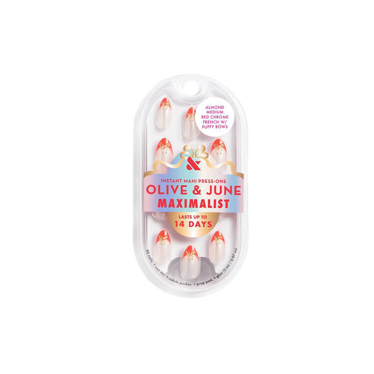 Olive & June Press-On Fake Nails - Maximalist - M Almond - Red Chrome French with Puffy Bows - 42... | Target