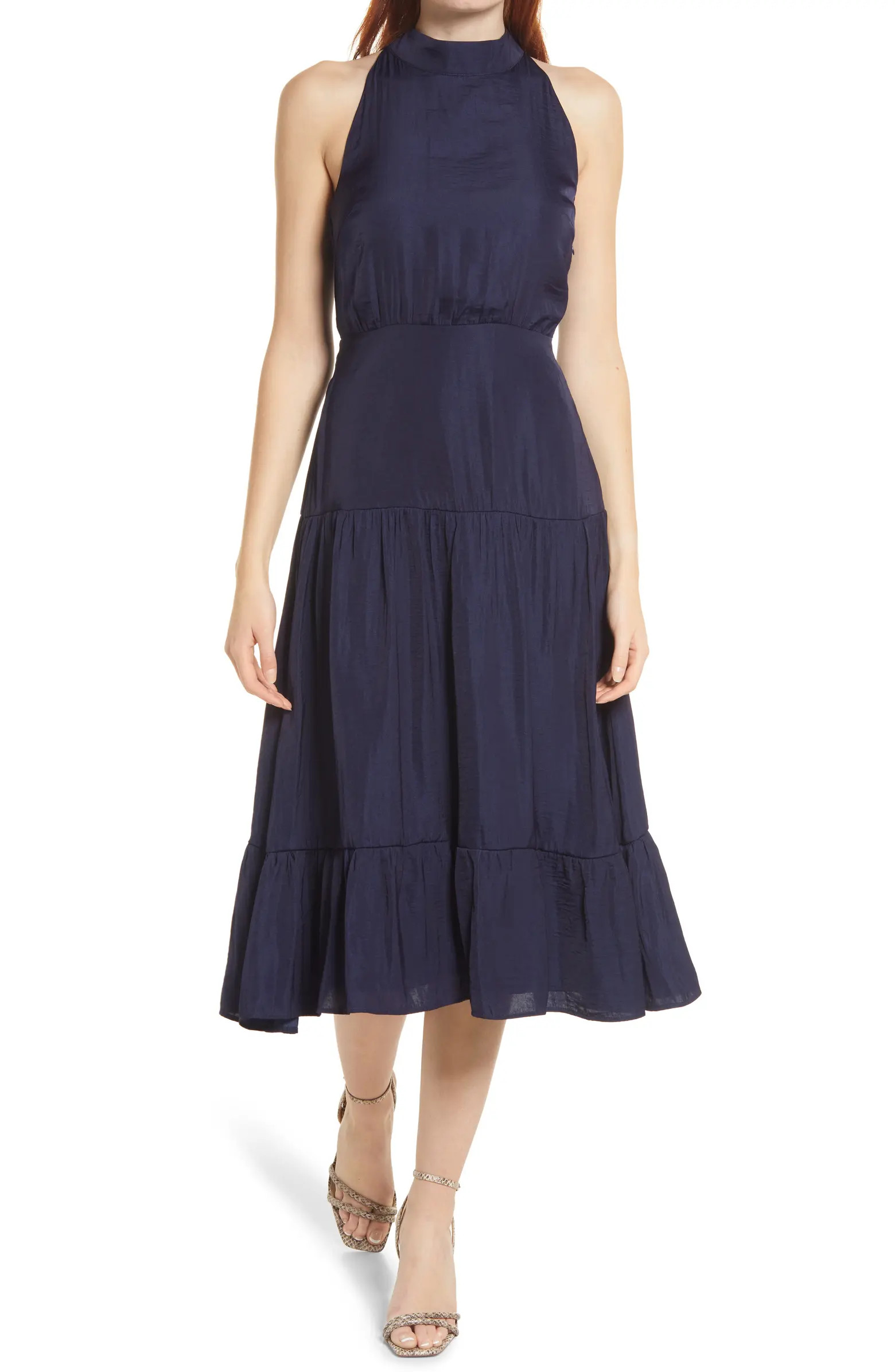 High Neck Tiered Hem Sleeveless Midi Dress | Nordstrom