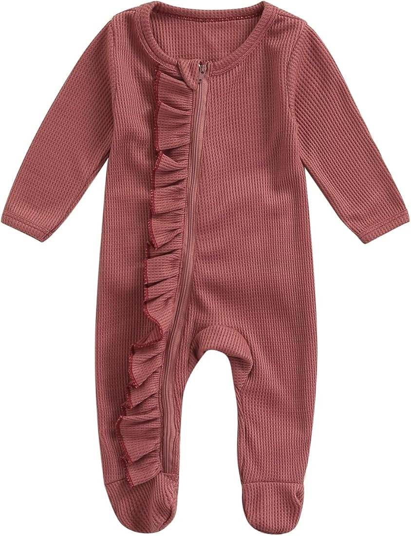 Newborn Baby Girl Footie Waffle Knit Romper Zippers Ruffle Onesie Fall Winter Clothes | Amazon (US)