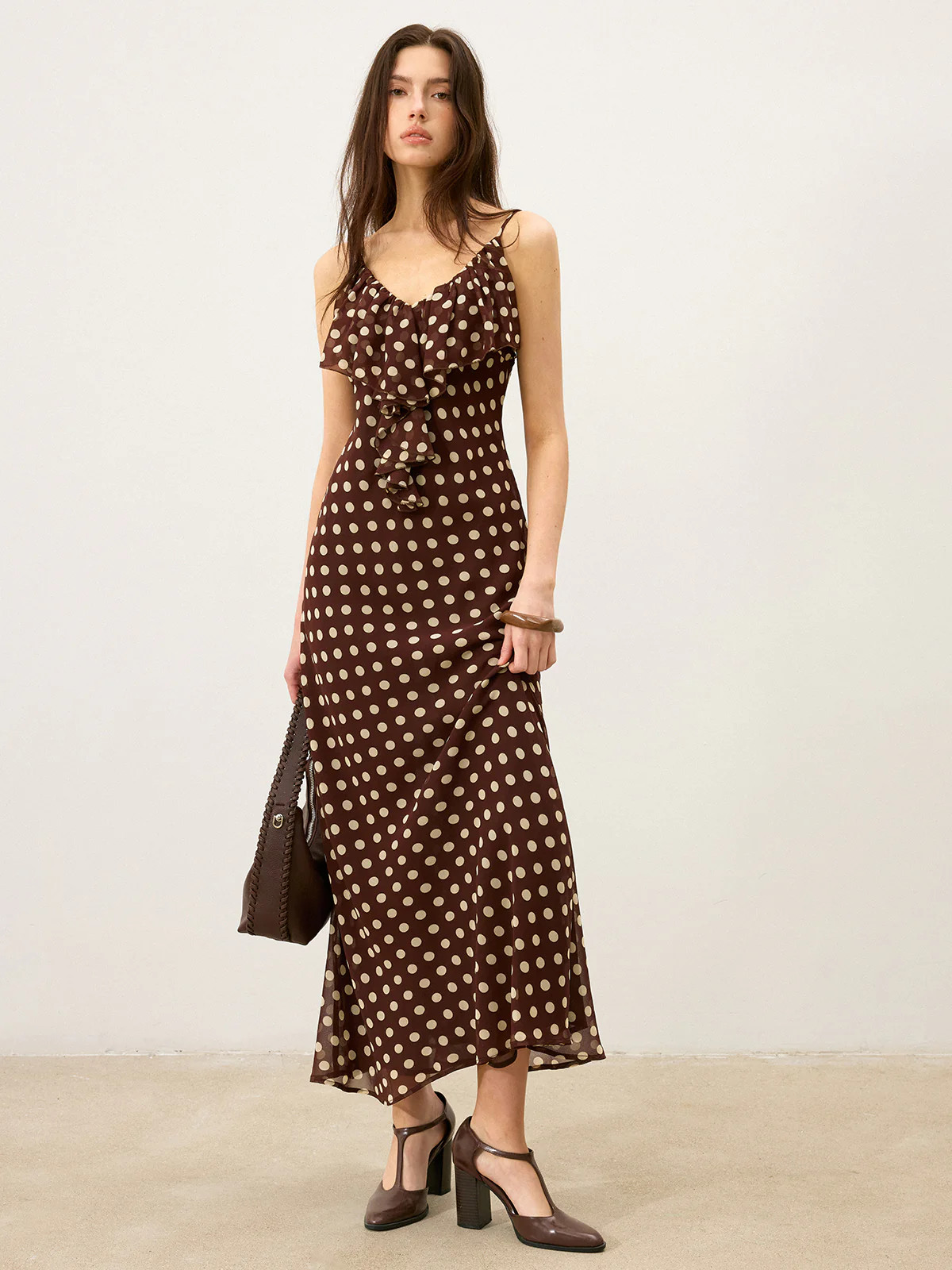 Semi-Sheer Polka Dot Ruffle Cami Maxi Dress | Commense