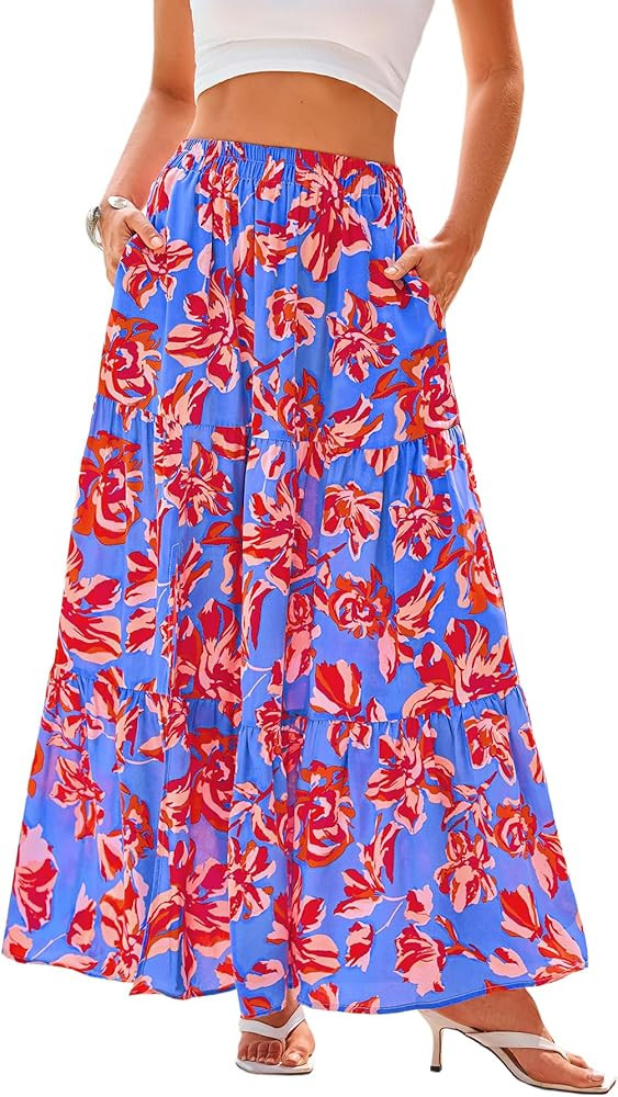 CFLONGE Floral Maxi Skirts for Women Summer Pleated High Waisted Casual Long Skirts with Pockets ... | Amazon (US)