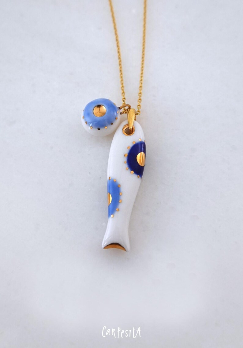 Porcelain Sardine Necklace, Evil Eye Charm, Handmade Fish, 22k Gold Detail - Etsy | Etsy (US)