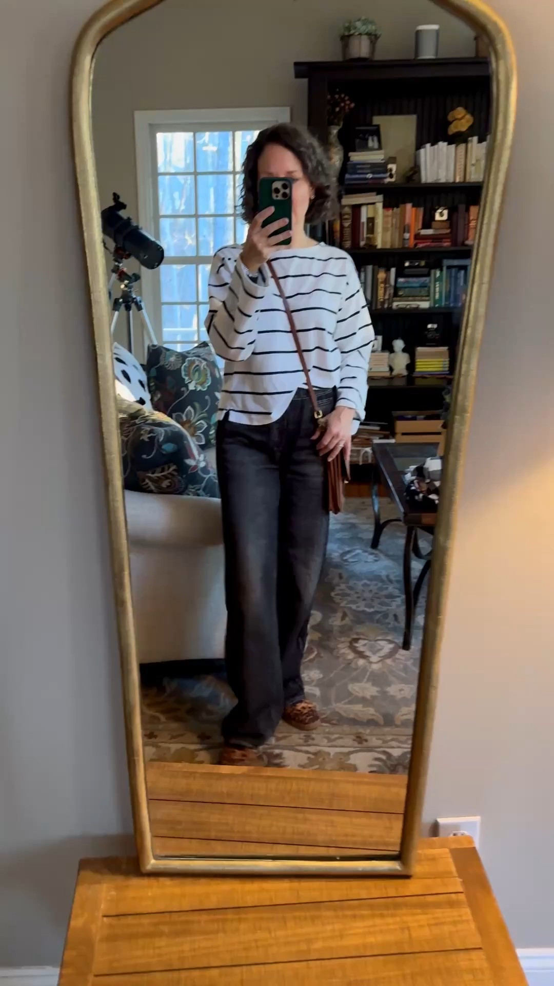 Casual winter outfit with Rag and Bone sweat pant jeans. Striped top (French Connection) and a contrasting print sneaker. Bag is vintage Coach. 

#LTKOver40 #LTKmomlife #LTKSeasonal