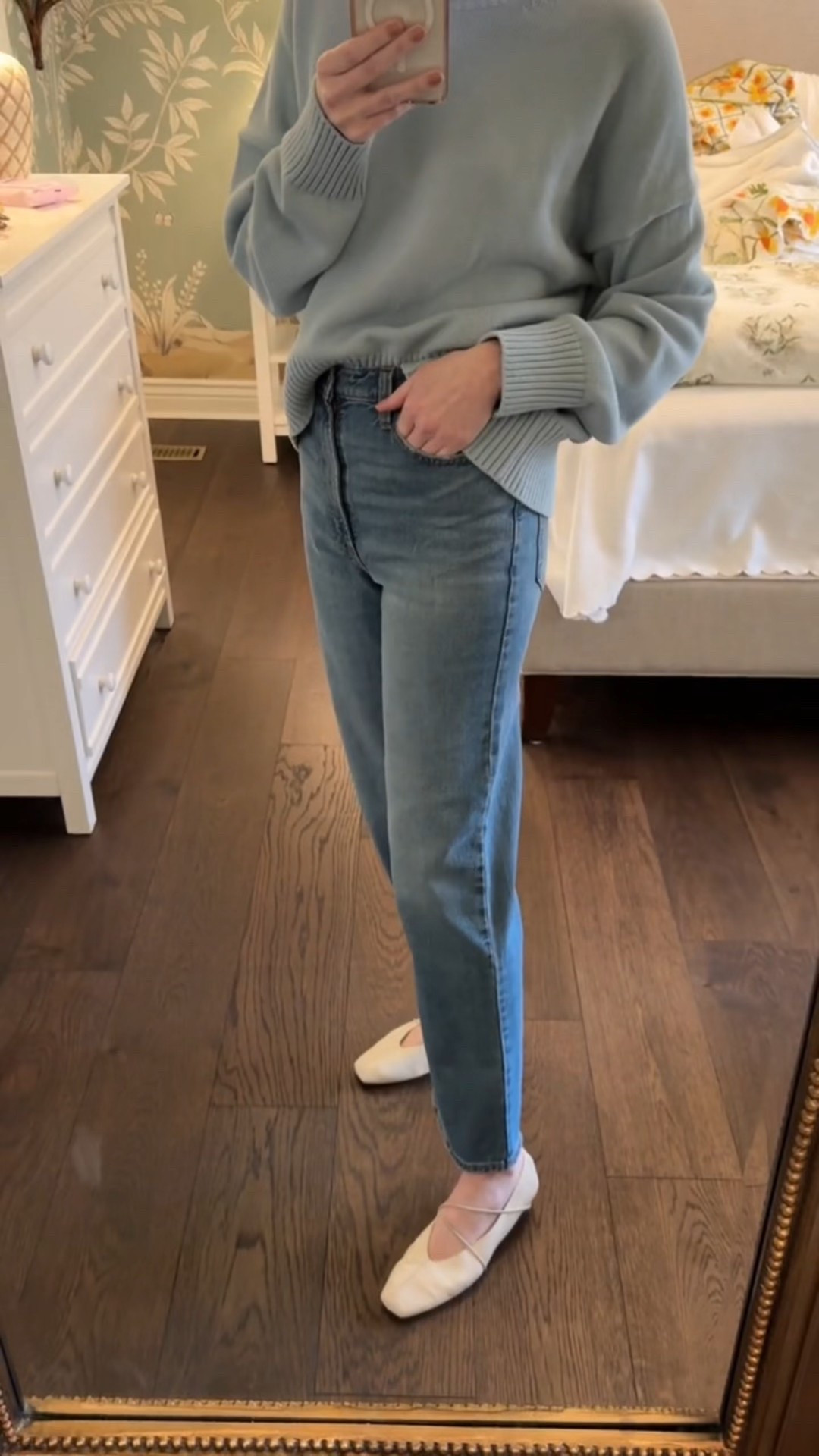 An easy everyday outfit—soft blue knit, classic straight-leg jeans, and simple flats that work for errands, coffee runs, and relaxed days at home.

#LTKTravel #LTKootd #LTKHome