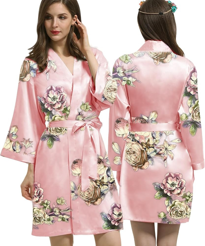 Womens Satin Kimono Robe Silk Robes Floral Bathrobe Bride Bridesmaid Wedding Silky Bridal Dressin... | Amazon (US)