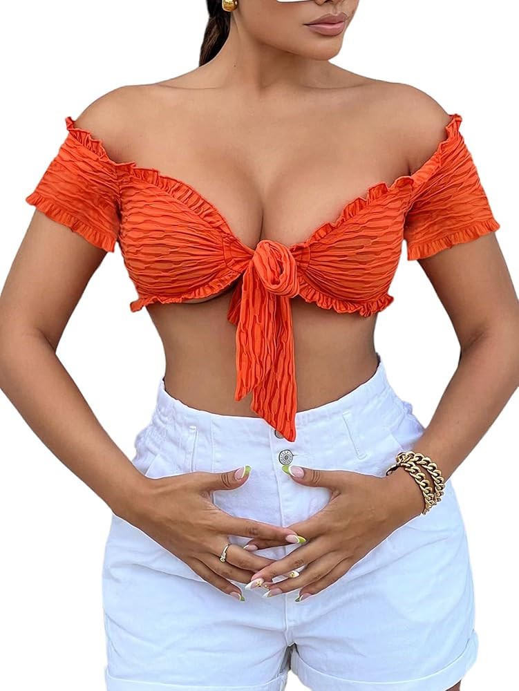 OYOANGLE Camiseta sin mangas de manga corta para mujer, con hombros descubiertos, ribete de volan... | Amazon (US)