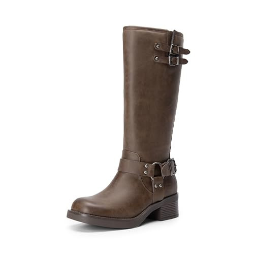 DREAM PAIRS Women's Moto Knee High Boots,Brown-Nubuck,9.5 | Amazon (US)