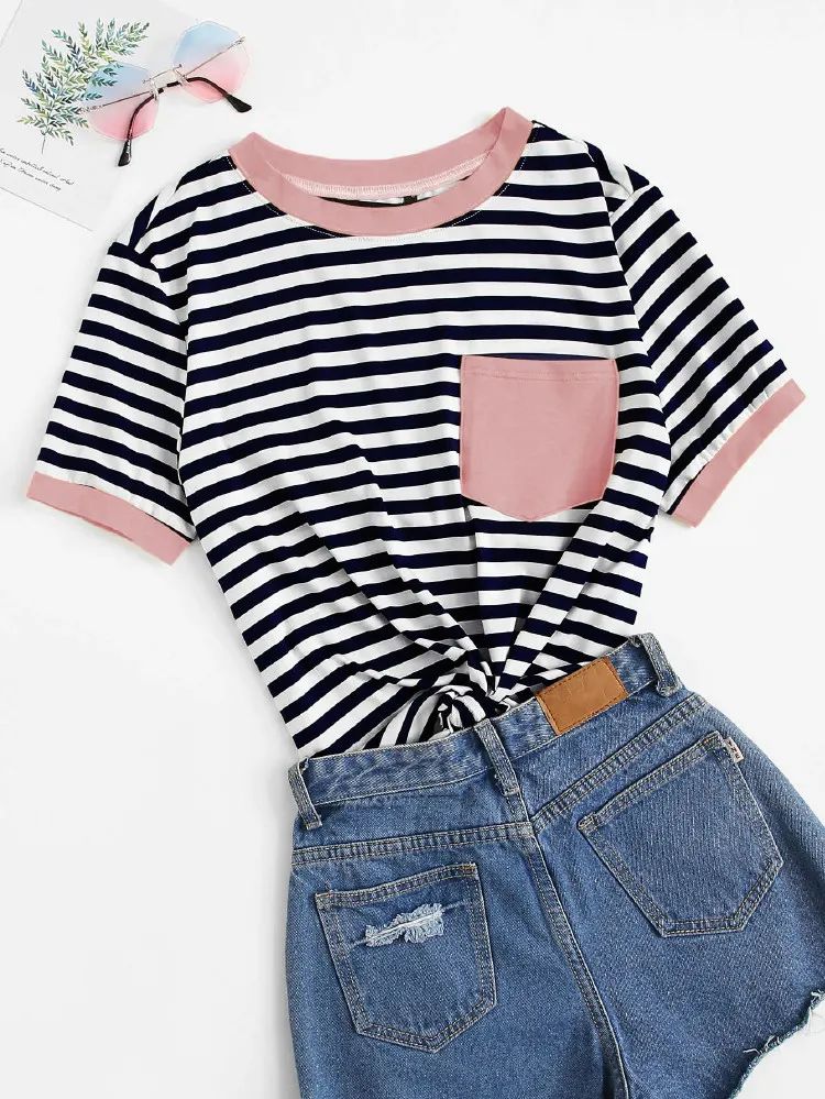 SHEIN Pocket Patched Striped Ringer T-shirt | SHEIN