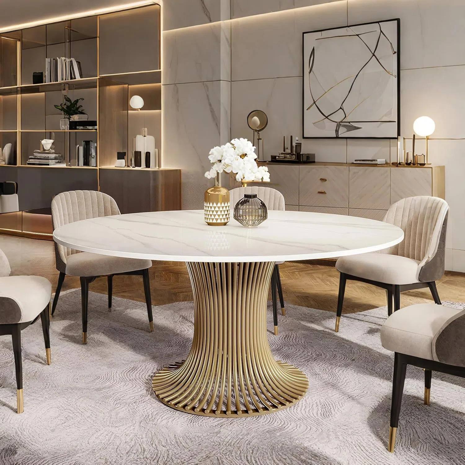 Modern 59" Sintered Stone Round Dining Table With Gold Stainless Steel Pedestal For 6 People | Wayfair North America
