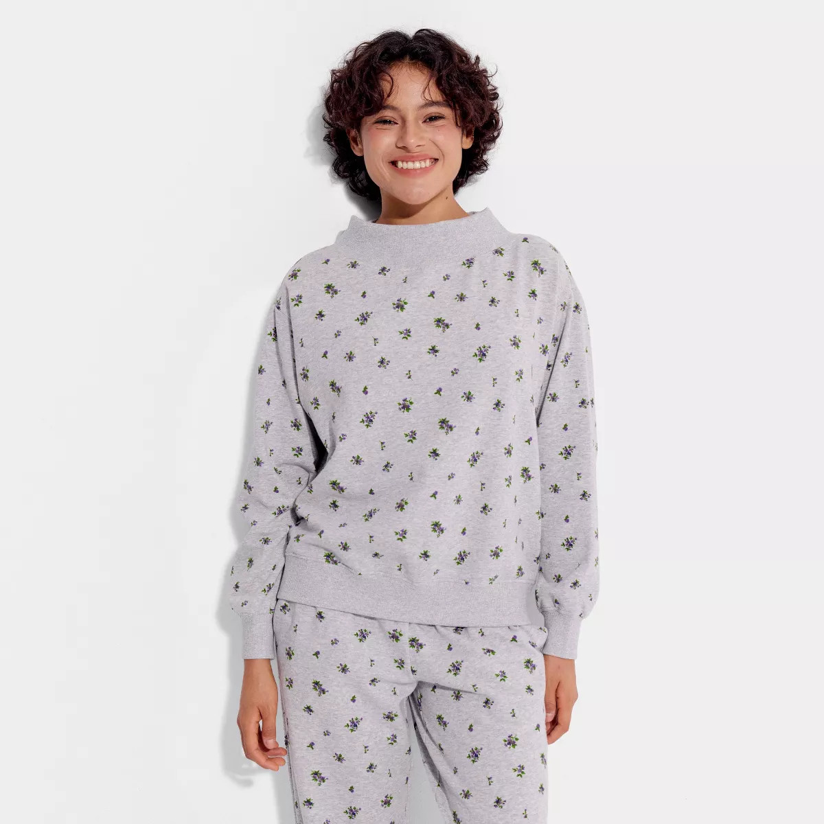 Women's Mock Neck Pullover Sweatshirt - Wild Fable\u2122 Gray Floral L | Target