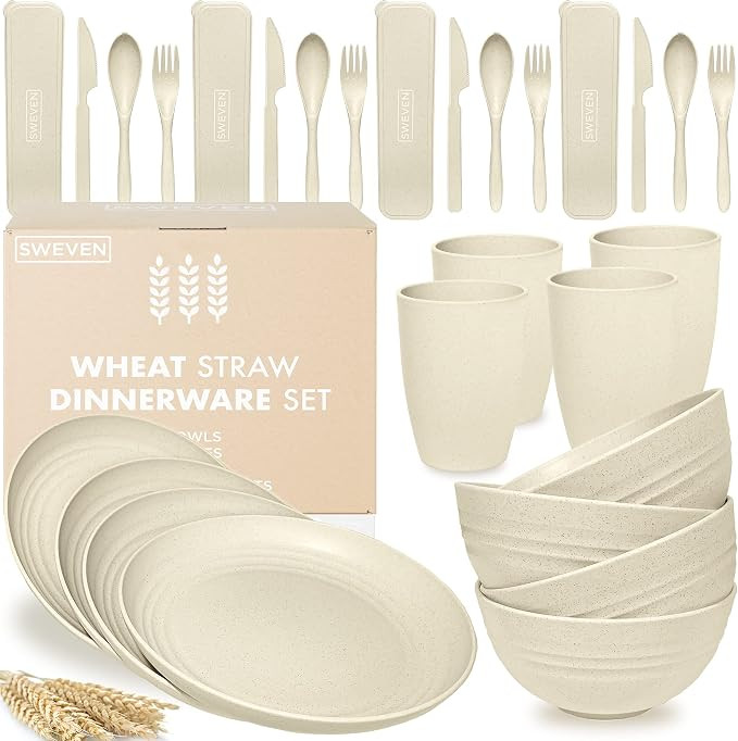 Wheat Straw Dinnerware Sets (28 pcs) | Unbreakable Dinnerware Sets | Dishwasher Microwave Safe Di... | Amazon (US)